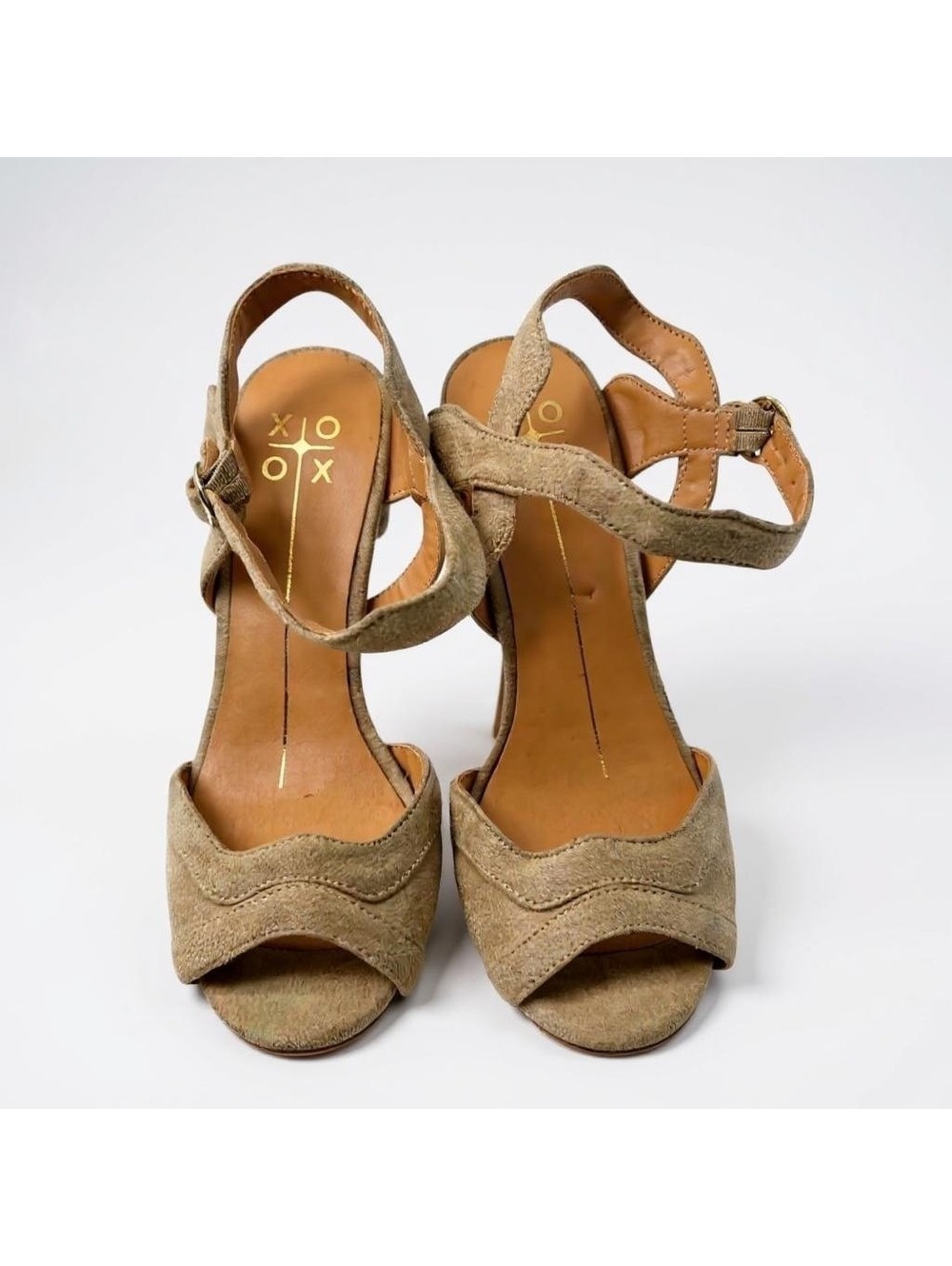 XOXO Elroy Tan Textile Block Heel Peep Toe Ankle Strap Sandals Size 6M